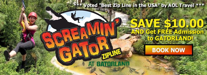 Screamin' Gator Zipline. Save $10.00 with Free Coupon Code