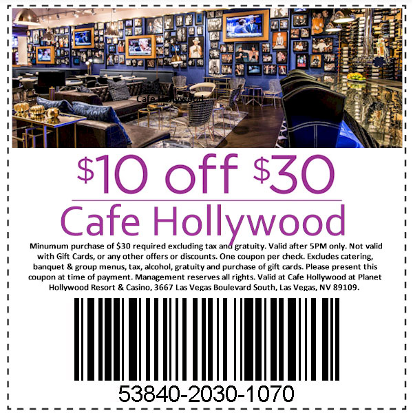 Cafe Hollywood Las Vegas 10.00 Off Coupon